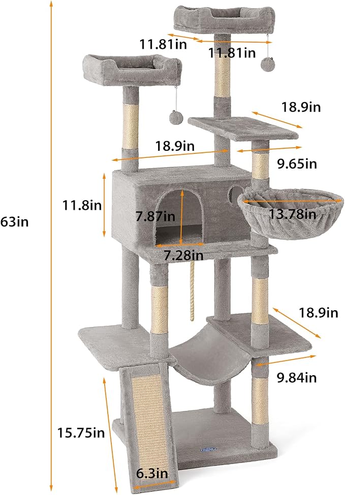 Multi-Level Cat Tree for Large Cats,63 Inches Heavy Duty Cat Tree for Indoor Cat Big Cat Tower with Sisal Scratching Posts Padded Platform, Hammock and Condo