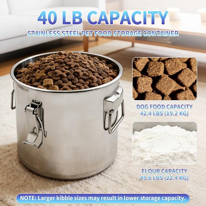 40 lb Stainless Steel Dog Food Storage Container, Airtight Metal Pet Food Storage Bin with Lid and Scoop, Large Dog Food Container for Dry Food, Keep Fresh, Easy to Clean