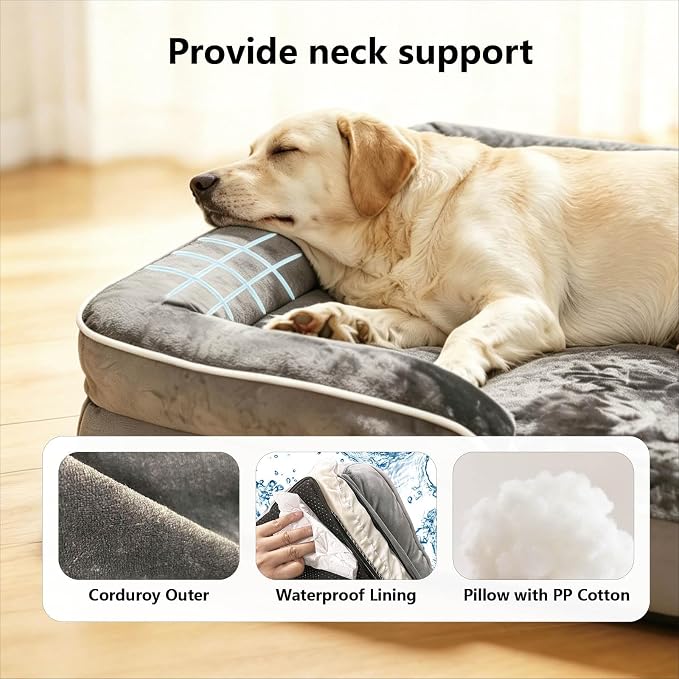 Memory Foam Large Dog Beds Removable Washable Cover Dog Couch with Non-Slip Bottom Large Cat Bed for Indoor Use 3-Sided Headrest Design for Neck and Head Support (Medium)