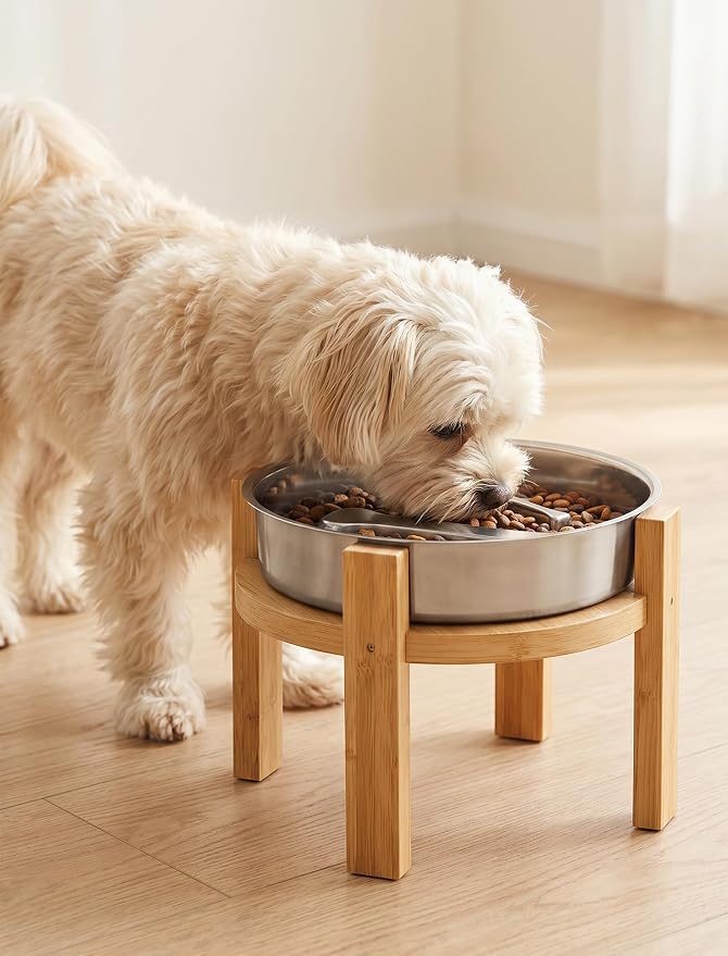 ZooZoo Elevated Slow Feeder Dog Bowl Stainless Steel with 7in Bamboo Stand | Food Grade Rustproof Dishes For Small Medium Pets, Non-Slip Base Protects Floors, Easy To Clean For Healthy Eating