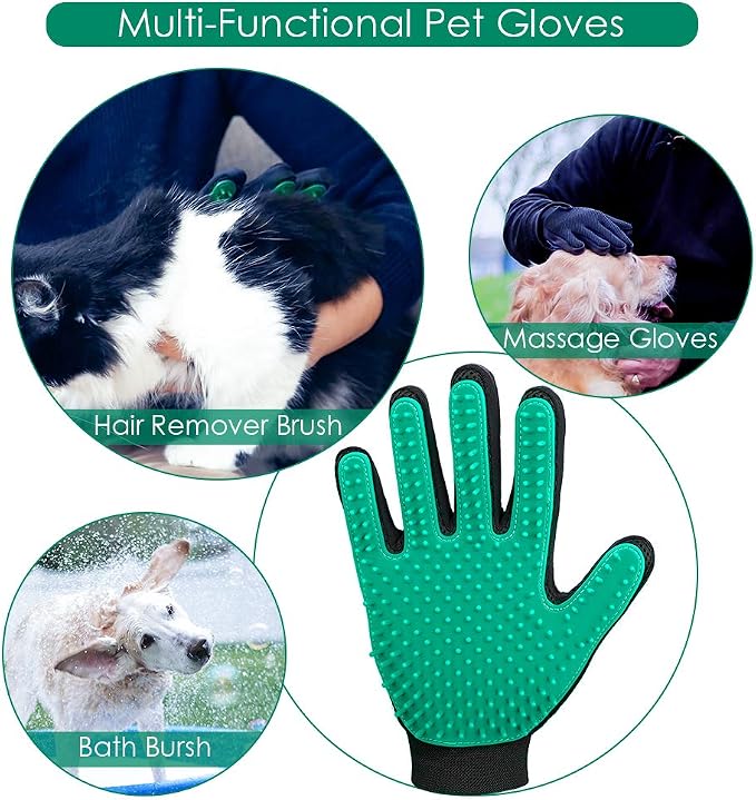 Pet Hair Removal Glove with 255 Silicone Tips for Dogs & Cats, 1 Pair Green | 2-in-1 Deshedding & Massage Mitt, 5-Finger Flexible Design, for Bathing & Grooming, Safe for Long/Short/Curly Hair Pets