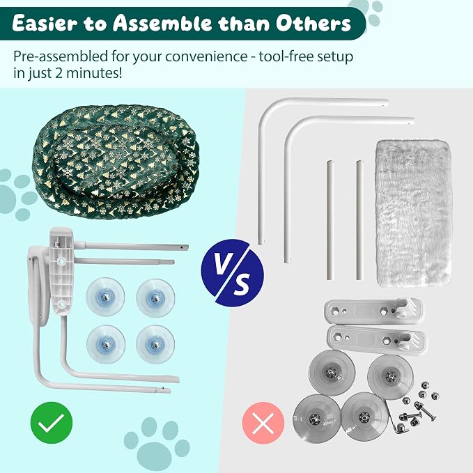 L&W BROS. 2-Pack Foldable Cat Window Perches with Christmas Cushion Bed Easy to Assemble Cats Hammock for Window, Warm Indoor Cat Beds for Large Cats, Edition(L Green)
