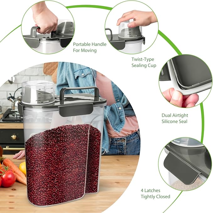 Viretec Rice Storage Container, 5 to 10lb Dry Food Airtight Dispenser, Pet Dog Cat Food Canister, BPA Free Clear Plastic Kitchen and Pantry Bin for Oatmeal, Cereal, Pasta, Flour Pack of 2 Grey
