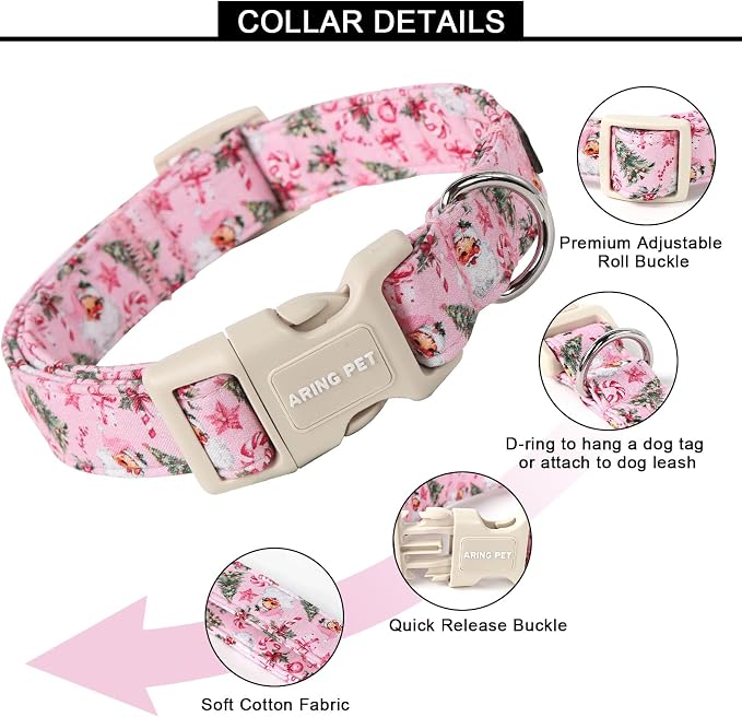 ARING PET Christmas Dog Collar, Cute Pink Santa Claus Xmas Tree Cotton Lightweight Winter Pet Collars with Quick Release Buckle for Puppy Small Medium Large Boy Girl Dogs-L