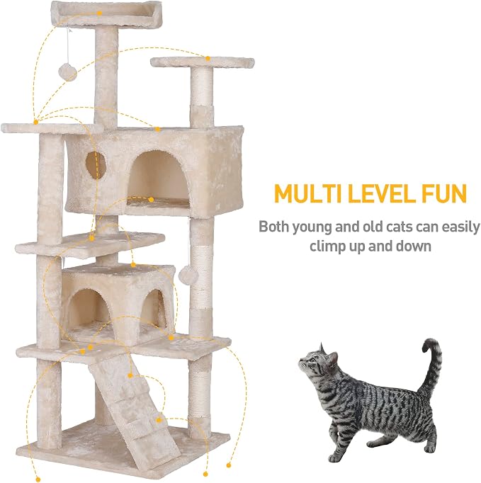 ZENY 55 inches Cat Tree with Sisal-Covered Scratching Posts and 2 Plush Rooms Cat Furniture for Kittens