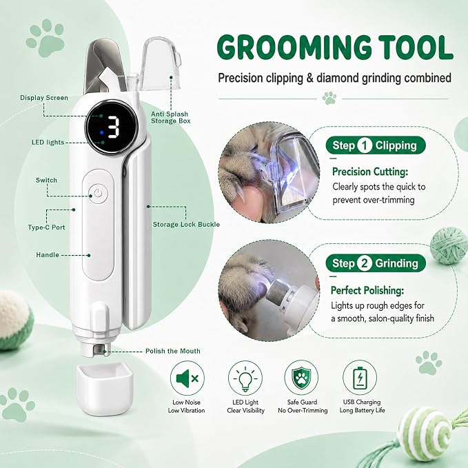 2-in-1 Dog Nail Clippers with LED Light and Grinder, Quiet Rechargeable Pet Nail Trimmer with Dust Collector, Quick Sensor Grooming Tool for Dogs and Cats, Black Nails