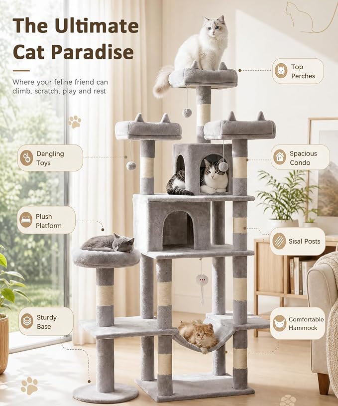 Cat Tower, 71 Inch Heavy Duty Cat Tree for Large Cats | Tall Multi-Level Cat Tree Tower with Extended Base, 2 Condos, 3 Perches, 9 Sisal Posts & Hammock for Indoor Adult Cats, Grey