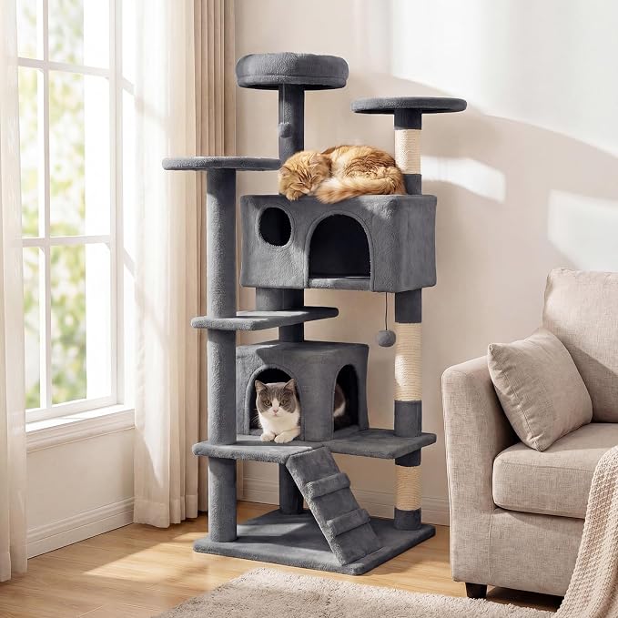 52-inch Cat Tree, Multi-Level Cat Tower with Sisal Scratching Posts, 2 Comfy Condos, Plush Padded Soft Top Perch, Dangling Balls, and Climbing Ladder, Ideal for Indoor Cats (Light Grey)