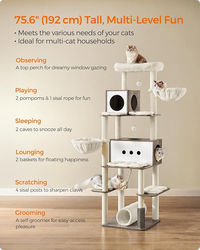 Feandrea Cat Tree, 75.6-Inch Modern Cat Tower, Tall Multi-Level Condo with 2 Caves, 2 Hammocks, 4 Scratching Posts, Self-Groomer, Tunnel, Perch, Heather Greige UPCT193G01 | Tall Cat Tower, 4 Scratching Posts, Self-Groomer, Tunnel, Perch, Heather Greige...