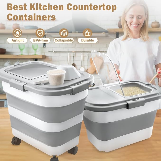 Rice Storage Container, Collapsible Airtight Food Storage Containers 6-20 Lbs, Rice Dispenser Bin with Cup and Scoop for Flour Cereal Pasta Grain, Cat Bird Pet Dog Food Storage Container