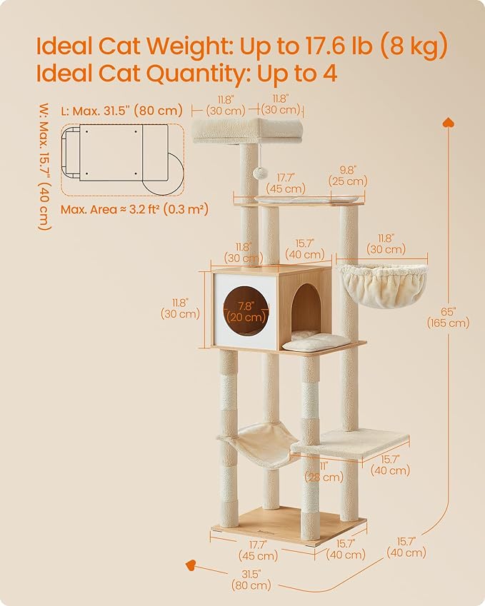 Feandrea Cat Tree, 65-Inch Tall Cat Tower, Multi-Level Condo with Cave, Basket, Hammock, Pompom, Scratching Posts, Almond Yellow UPCT118Y01