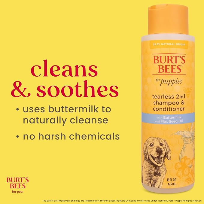 Burts Bees Tearless Puppy Shampoo & Conditioner with Buttermilk, 16 Fl Oz | Gentle 2-in-1 formula cleans and conditions sensitive puppy skin and coat, tearless for easy bath time