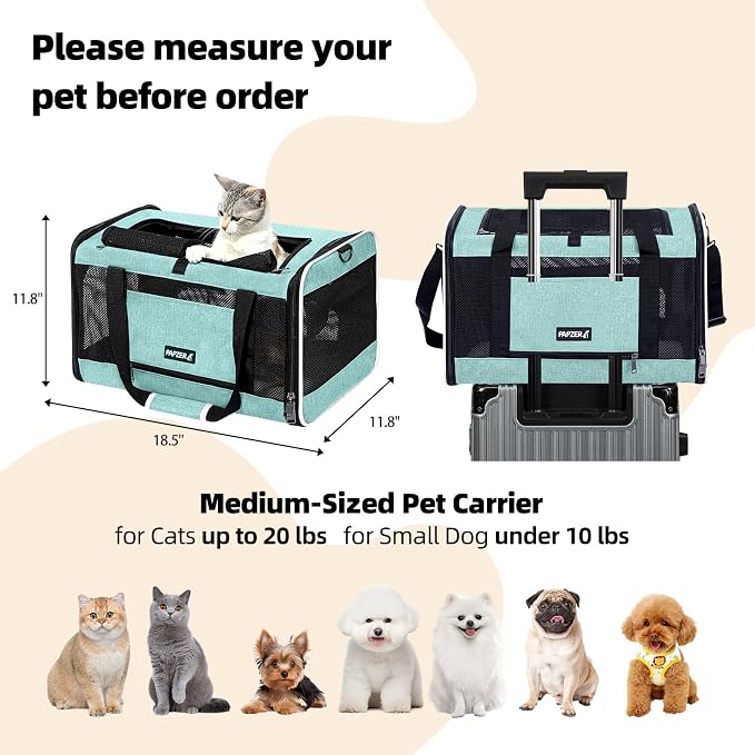 Cat Carrier Soft-Sided Travel Bag for Medium to Large Cats Over 15lbs, Small Dog Carrier Crate Top Entry Breathable Mesh Puppy 12 Pounds, Pet Rabbit Carrying Cage Kennel Collapsible Teal
