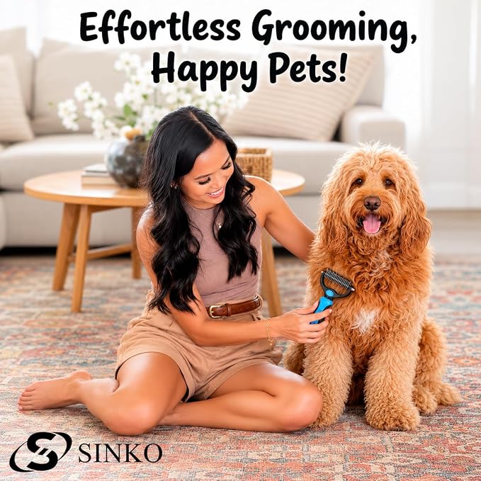Sinko Shedding Brush for Dog and Cat, Undercoat Rake & Comb with Extra-Wide Double-Sided Stainless Steel Teeth for Deshedding, Brushing, Removing Loose Fur, Knots, Mats & Tangles in Pets (Blue)