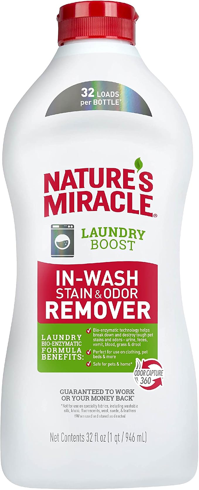 Nature's Miracle Laundry Boost In-Wash Pet Stain & Odor Remover, 32 oz | Bio-Enzymatic Formula Breaks Down Tough Stains & Odors, Gentle on Fabrics, Use With Laundry Detergent
