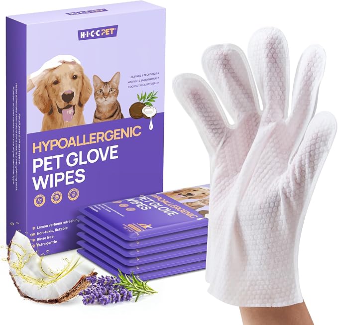 HICC PET Dog Wipes for Dogs & Cats, Individual Glove Packs, 6 Count | Travel-Ready, Head-to-Tail Grooming, No-Rinse Freshening, Plant-Based Formula, Fits Bags & Backpacks, Verbena Scent