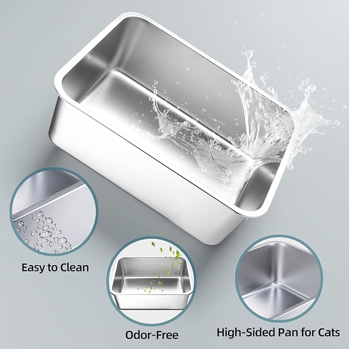 Stainless Steel Cat Litter Box - Medium Litter Box for Cats, Rabbits, and Pets, Non-Stick, Odor-Free, Easy to Clean, Splash-Proof, Sturdy and Durable (20" L x 13.8" W x 3.94" H)
