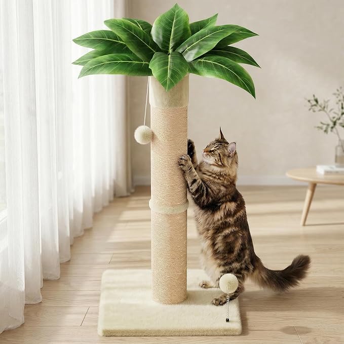 XiaZ Cat Scratching Post 34'' Tall, HeavyDuty and Thicker Cat Tower Scratcher with 2 Interactive Toy Balls, Premium Natural Sisal & Plush Fabric for Small, Medium Large Cats (Beige, 4.5in)