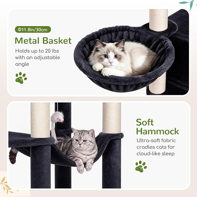 Globlazer 73in Corner Stable Cat Tree for Indoor Cats, C73, Dark Grey | Space-Saving Multi-Level Climbing Tower, Large Fan-Shaped Condos & Top Perch, 8 Full-Sisal Posts & Board, Metal Baskets