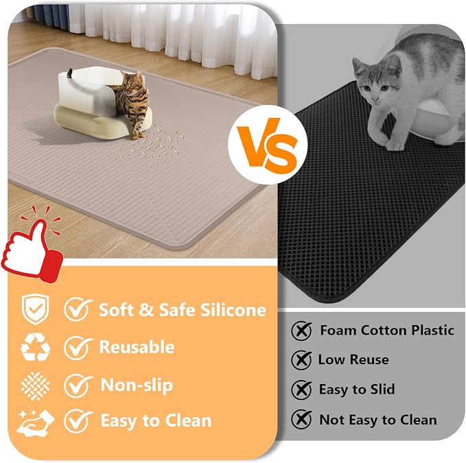 Silicone Cat Litter Mat 45" x 30" Cat Mat for Litter Box, Khaki | Extra Large Cat Litter Trapping Mat for Floor, Waterproof, Non-Slip Kitty Litter Box Mat with Raised Edge, Easy to Clean