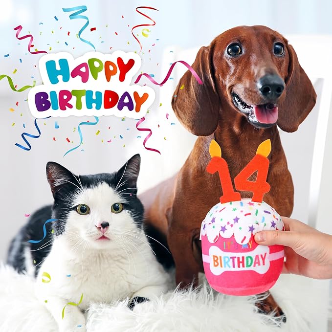 Dansydaisy Dog Birthday Cake Toy Squeaky Plush Toy for Girl Boy Gifts, Chew Accessories for Dog Birthday Party Decor Favor for Large, Medium and Small Dogs(14th,Pink)