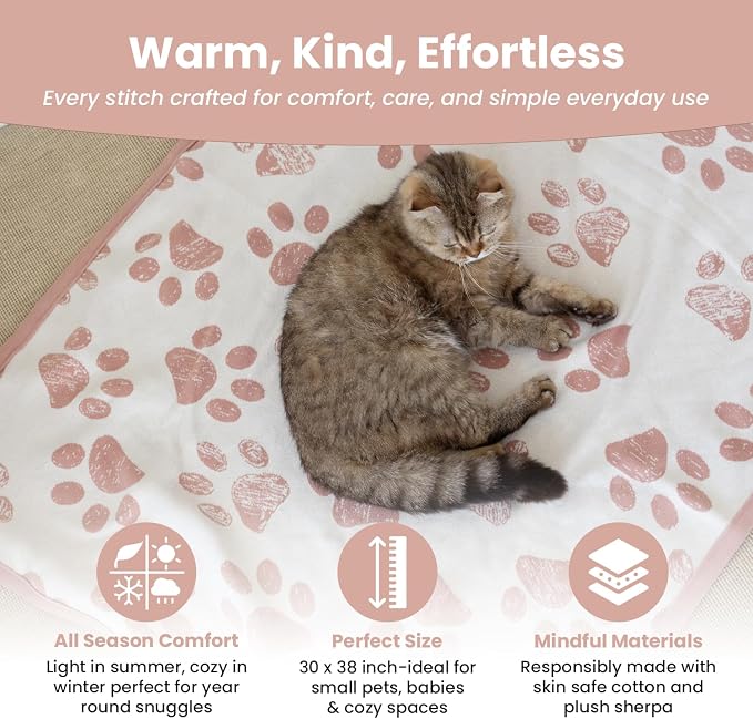 Baby & Pet Blanket 100% Cotton with Sherpa Fleece – Soft Stroller Blanket for Baby, Dog & Cat – Breathable, Hypoallergenic, Washable – 76×96 cm Pink Beige