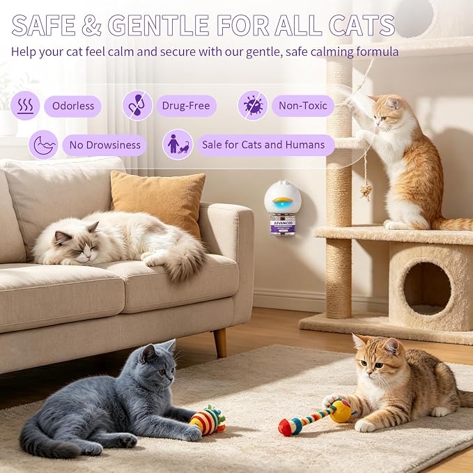 Cat Calming Diffuser Kit with 2 Diffusers & 4 Refills (48mL Each), Cat Pheromones Calming Diffuser for Cat Anxiety Relief, Stress Reduction & Behavior Support, 30-Day Refills, Suitable for All Cats