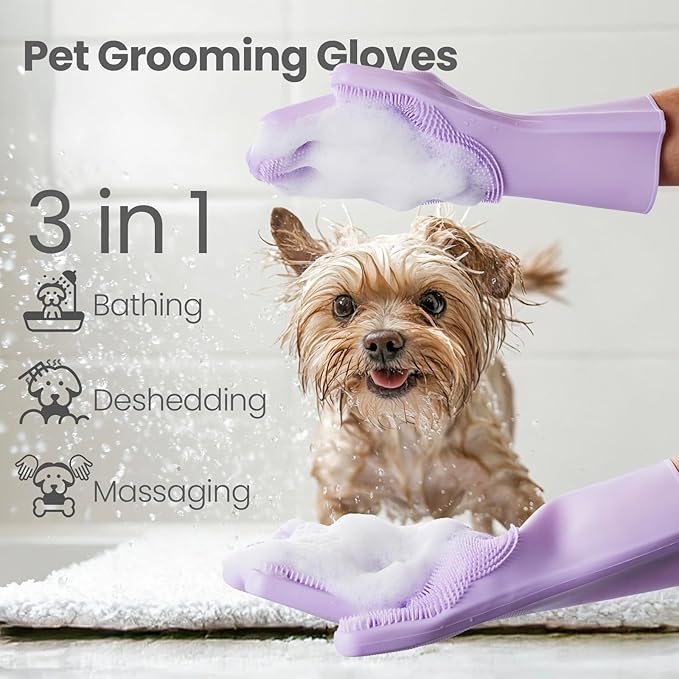 Silicone Pet Grooming Gloves Dog Washing Gloves for Bathing, 1 Pair Purple | 3000 Soft Silicone Bristles, 5-Finger Flexible, Gently Massages & Removes Fur, Non-Slip, Easy Clean, for Dogs/Cats/Horses