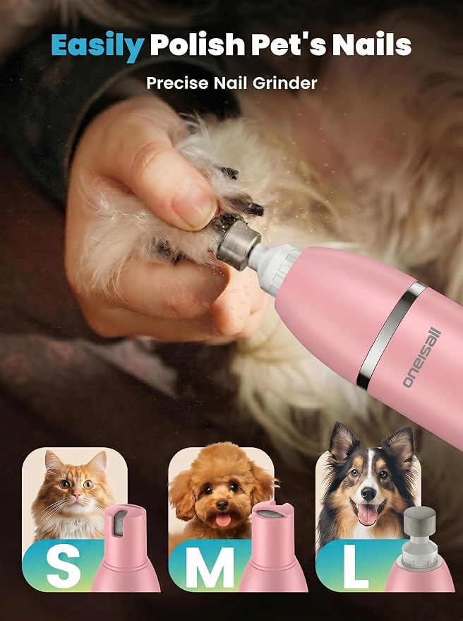 oneisall 4 in 1 Dog Grooming Kit with LCD Display Pink | Paw Hair Trimmer & Nail Grinder, Rechargeable, Cordless, Low Noise, IPX7 Waterproof, 3 Speeds Pet Grooming Clippers