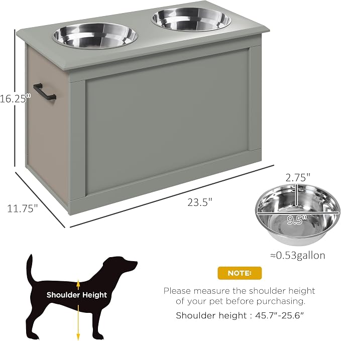 PawHut Raised Pet Feeding Storage Station with 2 Stainless Steel Bowls Base for Large Dogs and Other Large Pets, Gray | with2 Stainless Steel Bowls Base for Other Large Pets