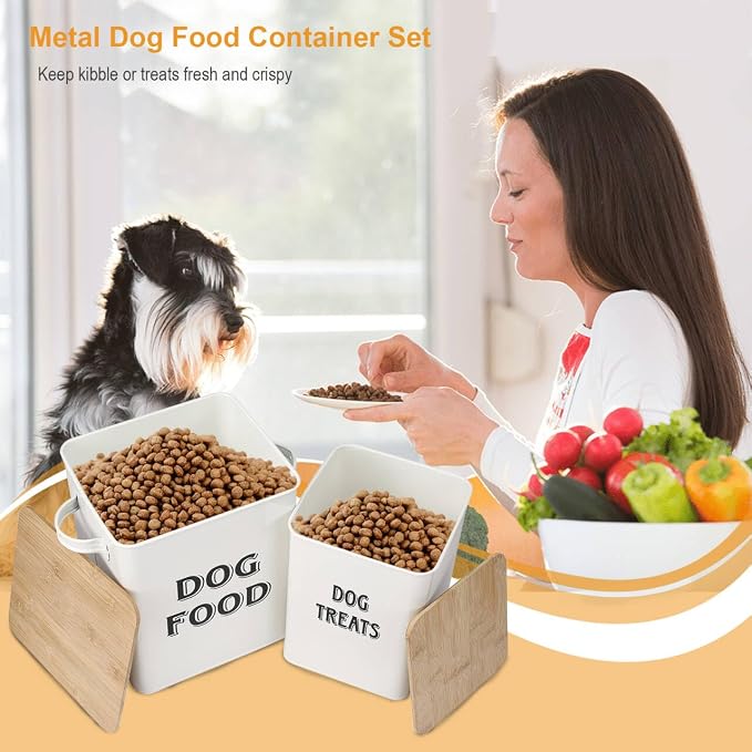 Pethiy Dog Food and Treats storage tin Containers Set with Scoop for Dogs-Tight Fitting Wood Lids-Coated Carbon Steel-Storage Canister Tins-White