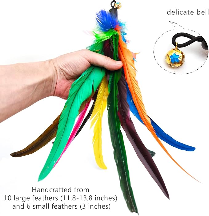 miwoowim Da Bird Feather Refill - 2 Extra-Large Natural Replacement Attachments(13.8inch) and 4 Feather Toys Refills(5.8inch) for Indoor Cats,Cat Wand Attachment (6PCS)