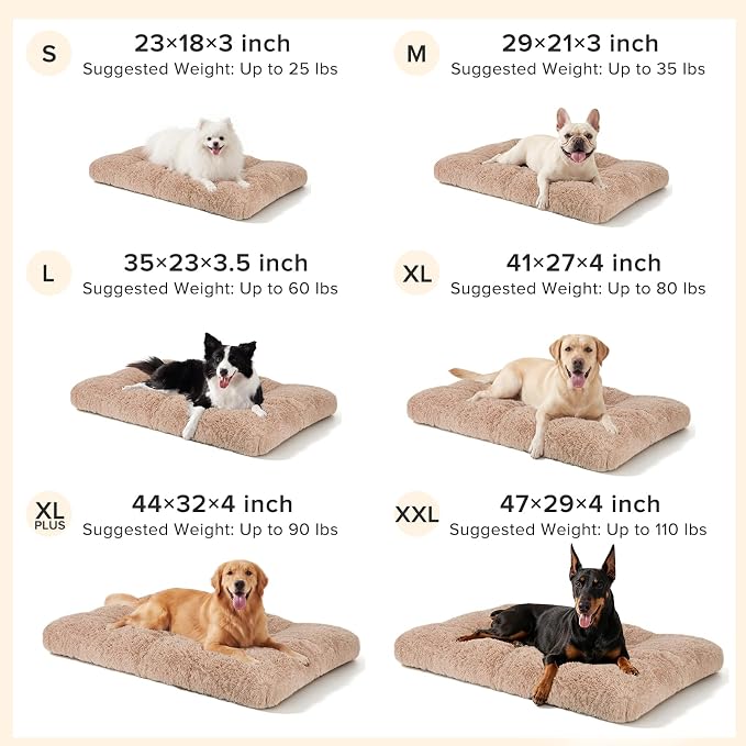 JOEJOY Dog Bed Crate Pad, Deluxe Plush Washable Dog Beds Fulffy Soft Kennel Pad Anti-Slip Pet Sleeping Mat for Medium Small Dogs, 29" x 21", Beige