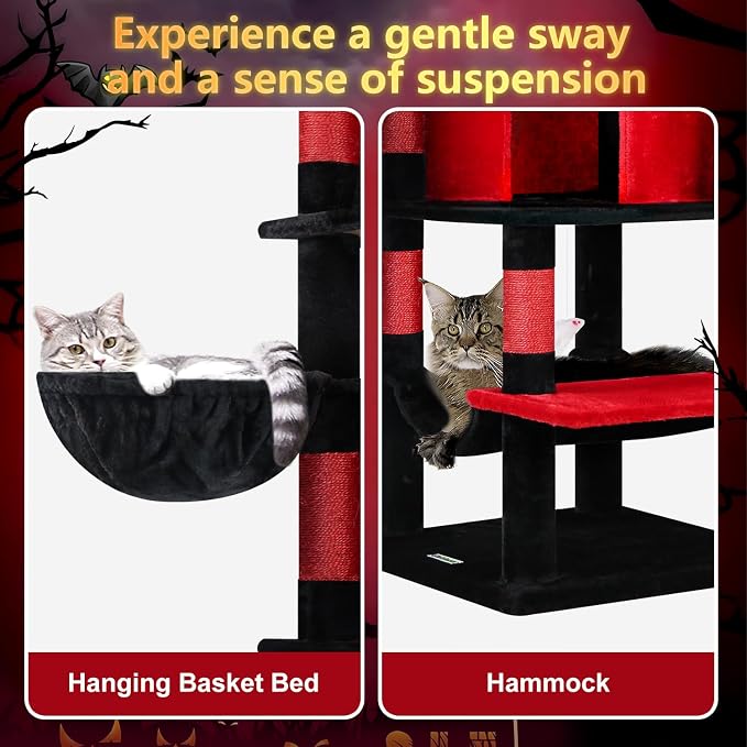 Globlazer 66in Gothic Corner Cat Tree for Indoor Large Cats, C66, Black Red | Space-Saving Stable Goth Cat Tower with 6 Scratching Posts, 2 Large Fan-shaped Condos & Top Perch, Hammock, Climbing Steps