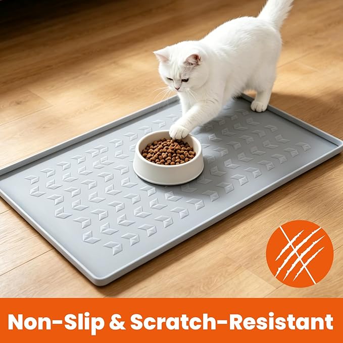 Silicone Pet Feeding Mat - 100% Waterproof Dog & Cat Bowl Pad with Raised Edges - Protects Floors from Messy Eaters & Spills - Anti-Slip, 100% PET-Safe, Dishwasher Safe (Grey 28" x 20")