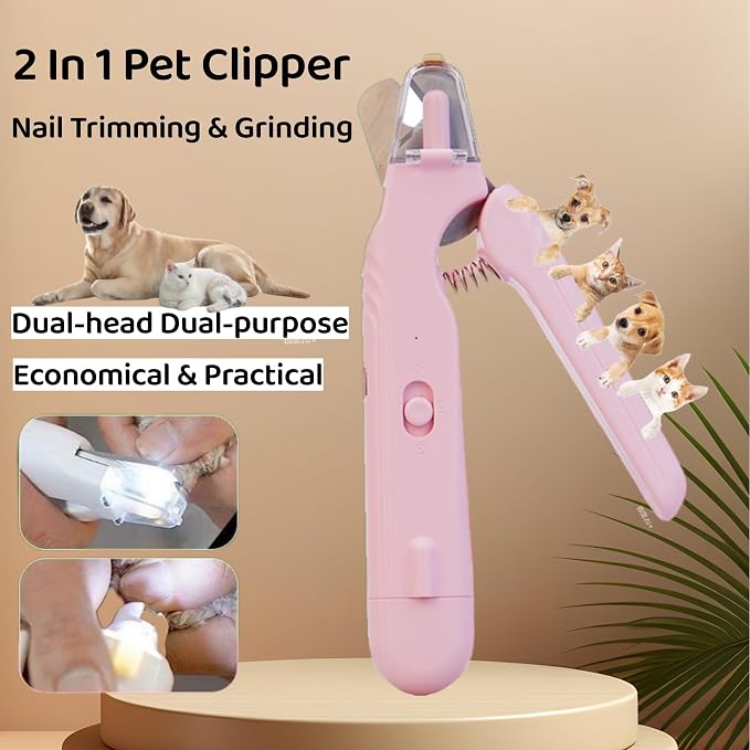 Quiet 2 in 1 Dog Nail Clippers & Cat Claw Trimmers,USB Rechargeable Claw Clippers for Small Medium Dogs and Cats,Cordless Safe Guard Nail Grinder with LED Lights Pink