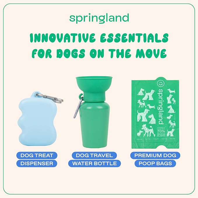 Springland Silicone Dog Training Treat Pouch for Leash, Sky Blue | One-hand squeeze dispenser, food-grade silicone, BPA-free, carabiner included, easy-fill holder for rewards on the go