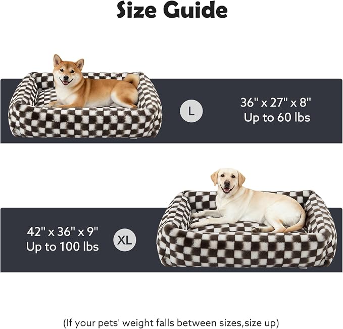 JOEJOY Large Dog Beds Large Sized Dog, Removable Washable Cover Orthopedic Soft Faux Rabbit Fur Pet Bed, Anti-Slip Fluffy Plush Faux Rabbit Fur Puppy Bed, 36"x27"x8", Checkered, Brown