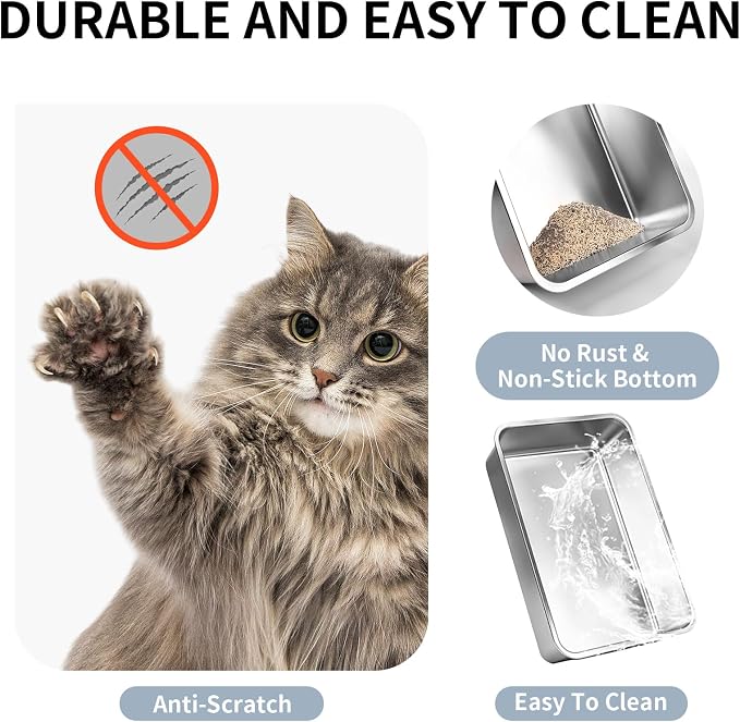 Prodigen Stainless Steel Cat Litter Box with Lid High Wall Sides Enclosure, Non-Sticky, Anti-Leakage, Easy Cleaning, with Cat Mat & Scoop, 19.6" L x 14" W x 12" H