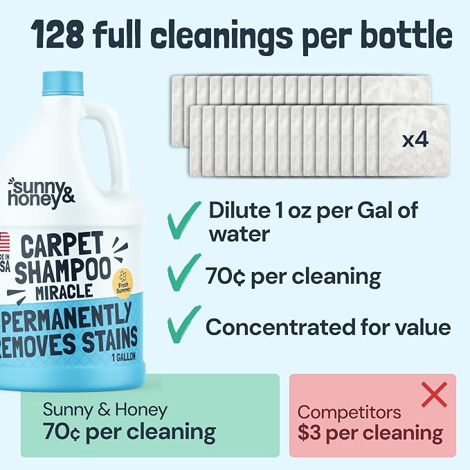 Sunny & Honey Carpet Cleaner Shampoo Solution for Machines, 1 Gal Summer | USA Made - Stain and Odor Eliminator - Cleans Carpets and Upholstery - For Upright and Spot Cleaners - Concentrated Formula