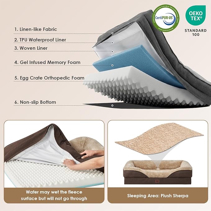 EHEYCIGA Orthopedic XXL Dog Bed for Large Sized Dog, 52x41 Inch Extra Large Memory Foam Dog Couch Bed with Sides, Waterproof Liner & Washable Removable Cover, Bolster Pet Sofa, Brown