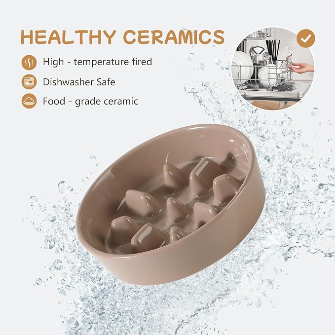 Havniva 6.1” Raised Slow Feeder Dog Bowls Set, 0.9 Cups Ceramic Slow Feeder Dog Bowl and 6.1” Dog Water Bowl with Elevated Wooden Stand Puzzle Dog Food Bowl for Small Dogs Anti-Gulping & Anti-Choking