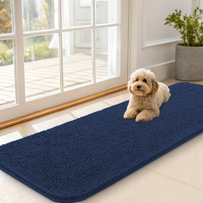 OLANLY Dog Door Mat for Muddy Paws 59x20, Super Absorbent Chenille Mud Mat | Dark Blue, Absorbs Moisture and Dirt, Non-Slip Machine Washable Doormat, Quick-Drying Indoor Entryway Floor Carpet for Dogs