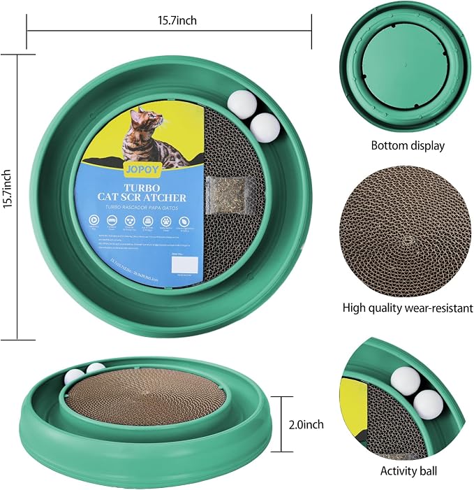 Cat Scratcher Toy Ball Track, Green | Round Interactive Scratching Board, Exercise Set, Indoor Cats, Adult and Kitten, Mental & Physical Stimulation
