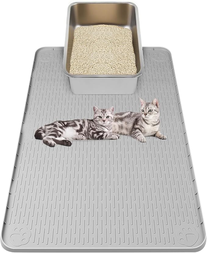 Kalolary Cat Litter Box Mats, Large 34" x 22" Silicone Cat Mat | Easy to Clean Kitty Litter Trapping Mat, Soft on Kitty Paws, Waterproof, Urine-Proof Kittys Litter Mats for Floor, Light Grey