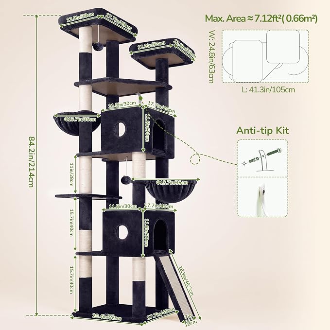 Globlazer 84in Extra Tall Cat Tree Tower for Indoor Large Cats 20lbs, F84G | Multi-Level Big Climbing Tower, 7 Scratching Post & Board, 2 Padded Cat Condos, 2 Soft Perches, 2 Sturdy Baskets, Dark Grey