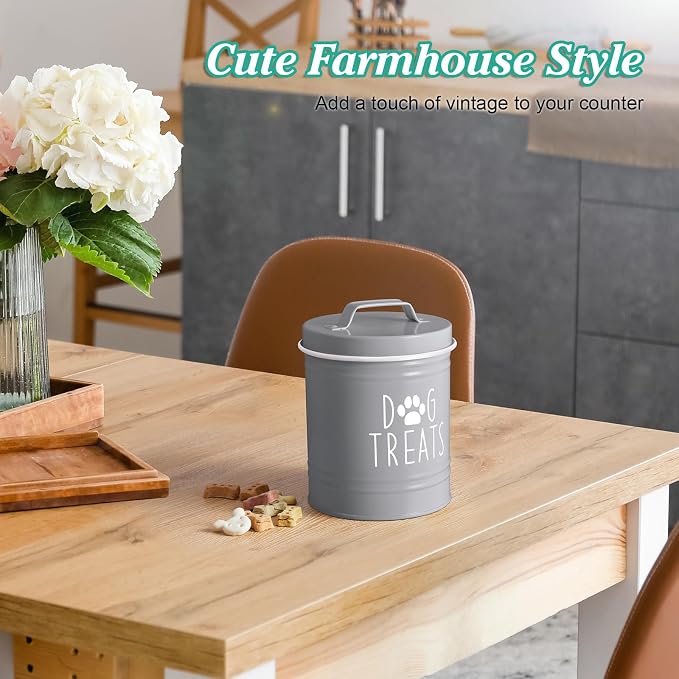OUTNILI Small Dog Treat Container Airtight - 6" Tall X 4.9" Round Gray Dog Treat Jar for Kitchen Counter - Rustic Treat Storage Canister for Dogs, Cats, Small Animals - Gifts for Pet Owners