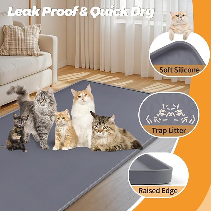 Cat Litter Mats,51"x25.6"Extra Large Silicone Cat Mat for Litter Box | Kalolary Easy to Clean Kitty Litter Trapping Mat,Soft on Kittys Paws,Waterproof, Urine-Proof Kitty Litter Mats for Floor,Grey