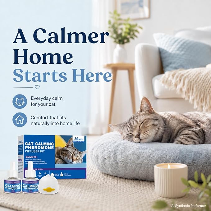 Cat Calming Diffuser Kit, Cat Pheromone Diffuser with 2 Liquid Refills, Plug In Calming Diffuser for Indoor Cats, Helps Create a Comfortable Home Environment for Multi Cat Households, 60 Day Supply
