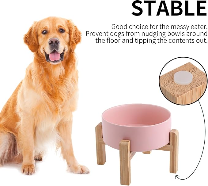 Pink Raised/Elevated Ceramic Dog Bowl for Medium Large Sized Breeds,Large Dog Food Water Bowl with Stand,8 in Non Slip Heavy Weighted 1800ml/ 7.6 Cups/60 OZ